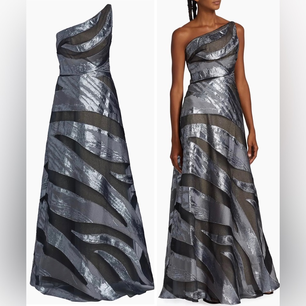 Rene Ruiz Collection One-Shoulder Burnout A-Line Embellished Gown Dress
